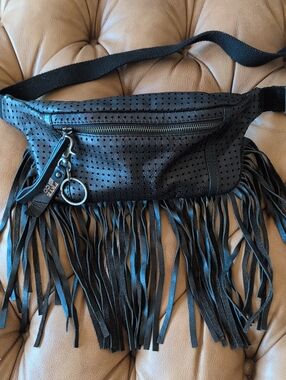 FRYE AND CO. Black Perforated Leather Crossbody Belt Bag with Keyring and Fringe